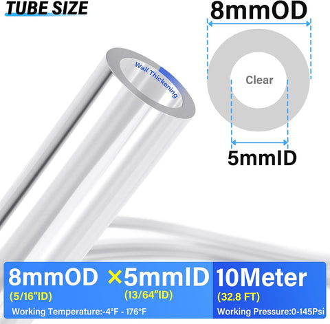 TAILONZ Clear 8mm OD 5mm ID PU Air Hose Pipe Tube Kit 10 Meter 32.8ft