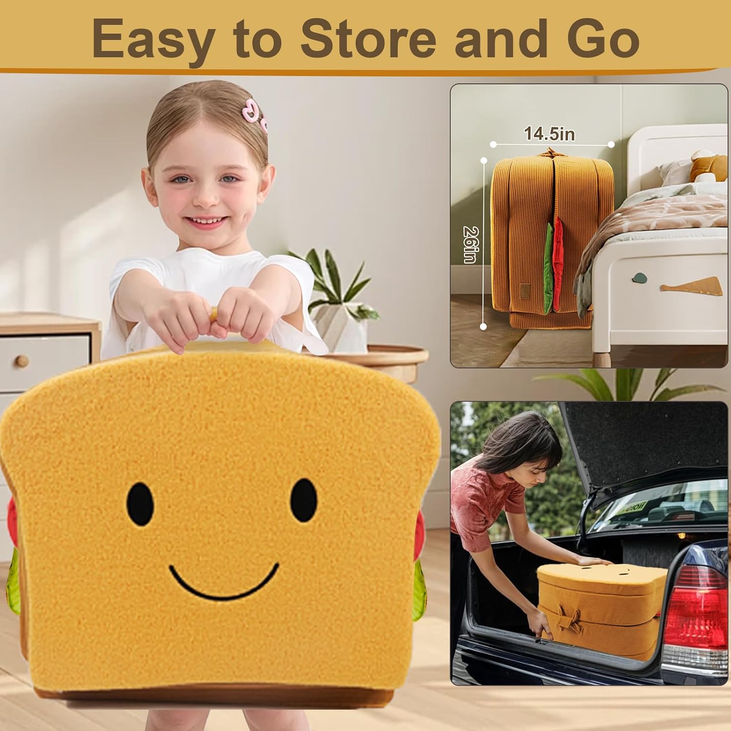 Toddler Travel Bed Sandwich Style - Portable Toddlers Floor Beds, Foldable Soft Foam Travel Crib for Baby and Kid, Washable Cover Toddler Cot with Safety Rail for Travel, Medium Size
