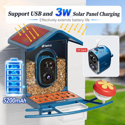 Smart Bird Feeder with Camera 5GHz WiFi Solar Powered, AI Bird ID