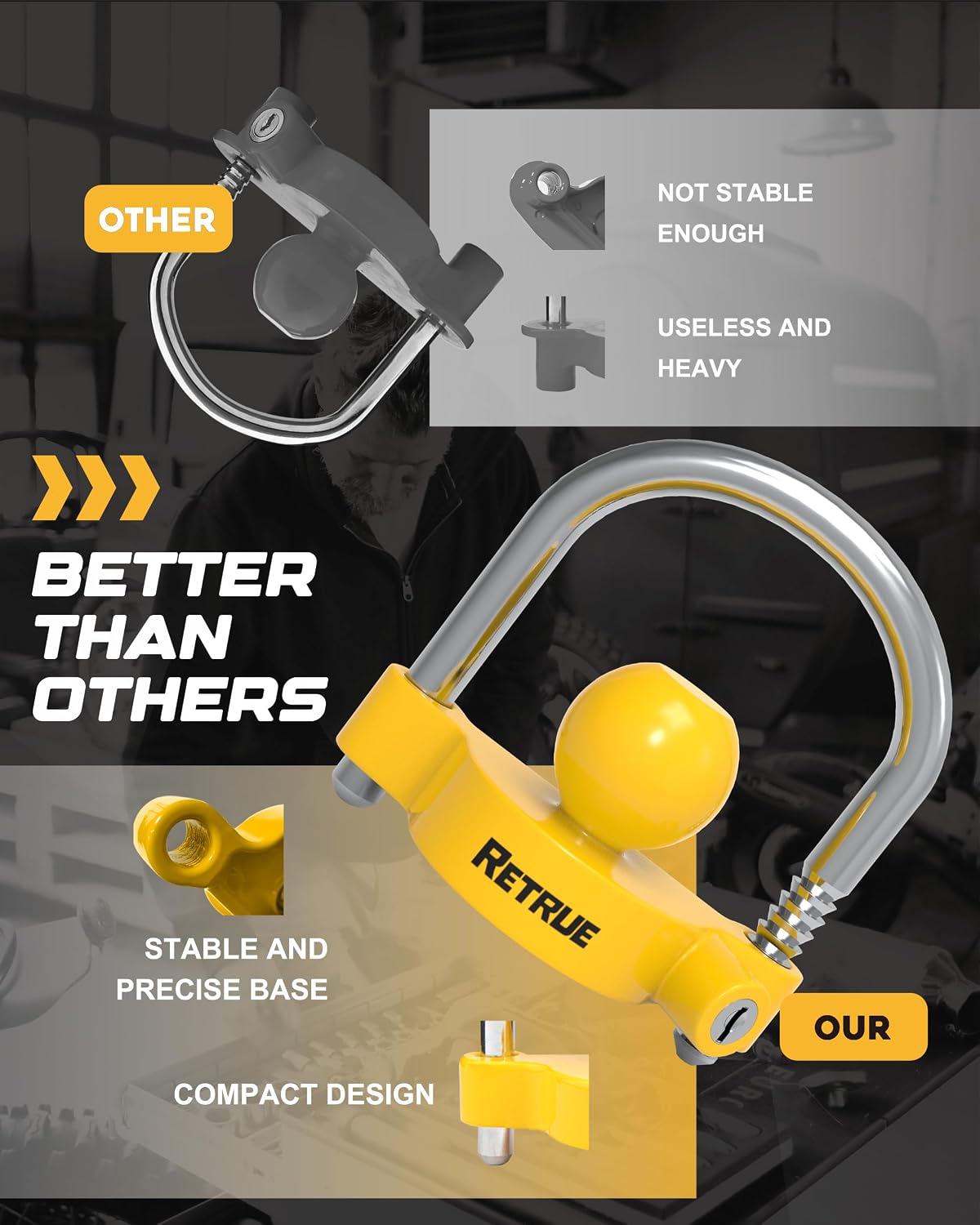 RETRUE Universal Trailer Coupler Lock, Adjustable Hitch Lock, Bright Yellow