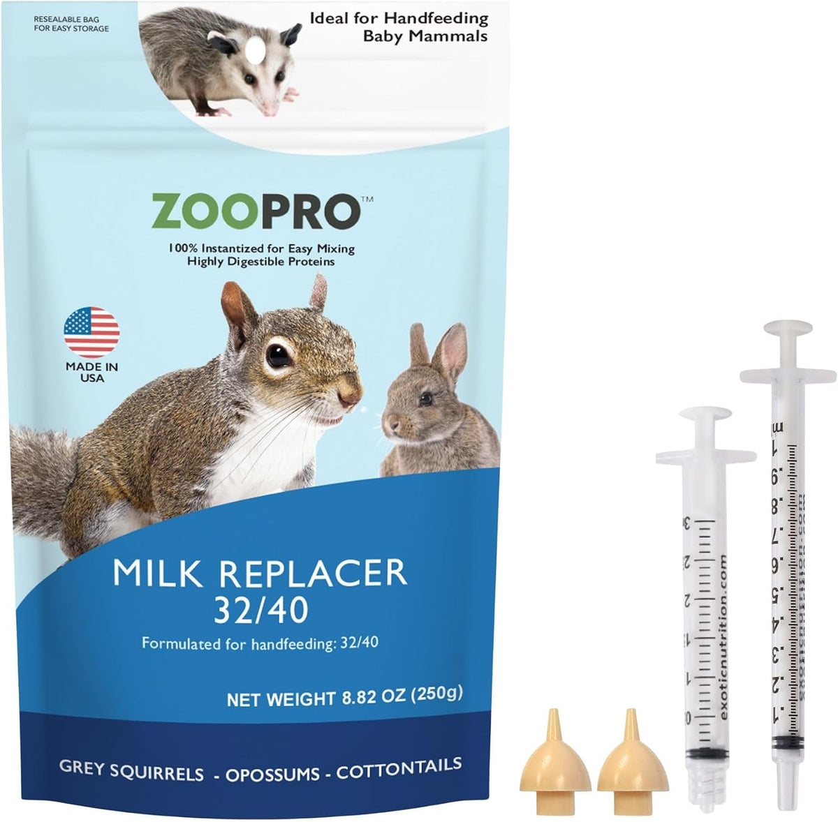 Exotic Nutrition Baby Squirrel Nursing Set (Basic) - Milk Replacer, Feeding Syringes