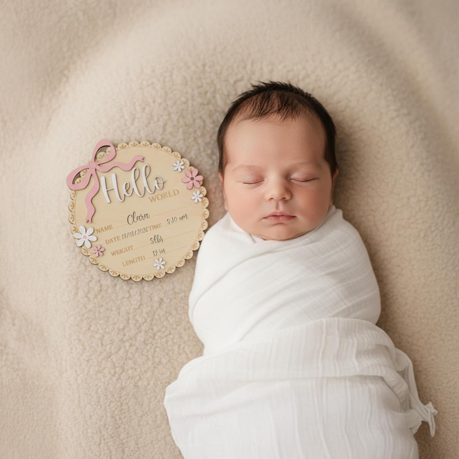 Hello World Wooden Baby Birth Announcement Sign, Pink Floral Newborn Name Date Time Weight Length Board, Baby Girl Nursery Decor Photo Prop Keepsake (Light Pink)