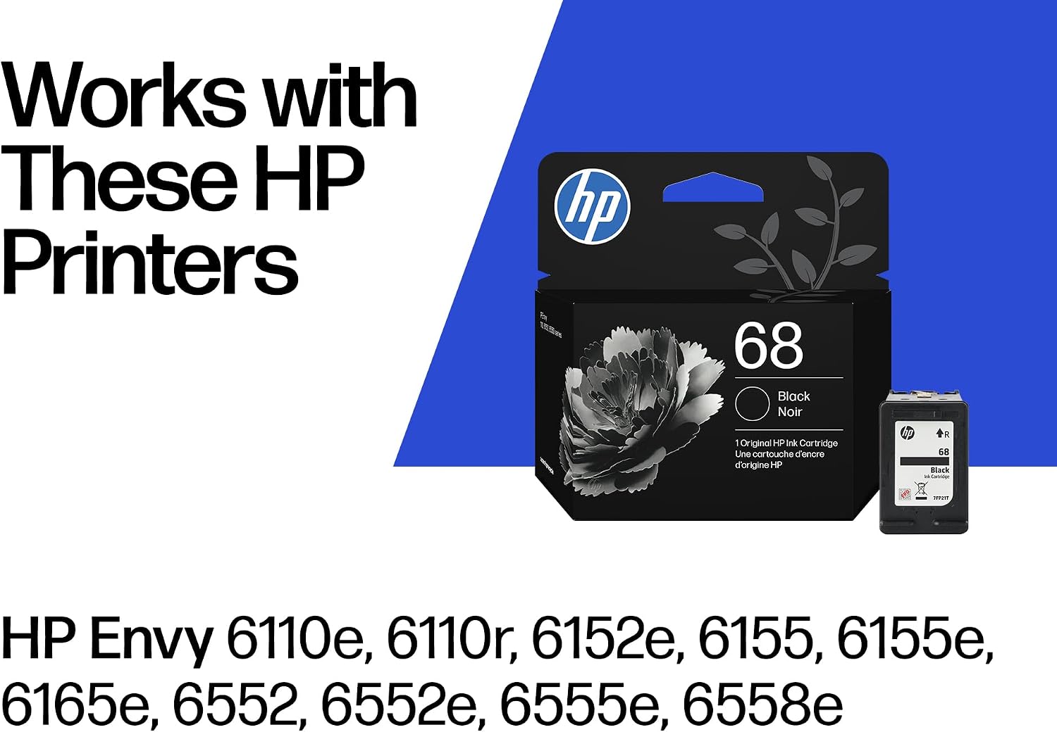 HP 68 Black Ink Cartridge | Works with Envy 6100e, 6500e Series | 7FP21TN