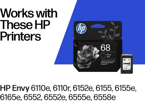 HP 68 Black Ink Cartridge | Works with Envy 6100e, 6500e Series | 7FP21TN