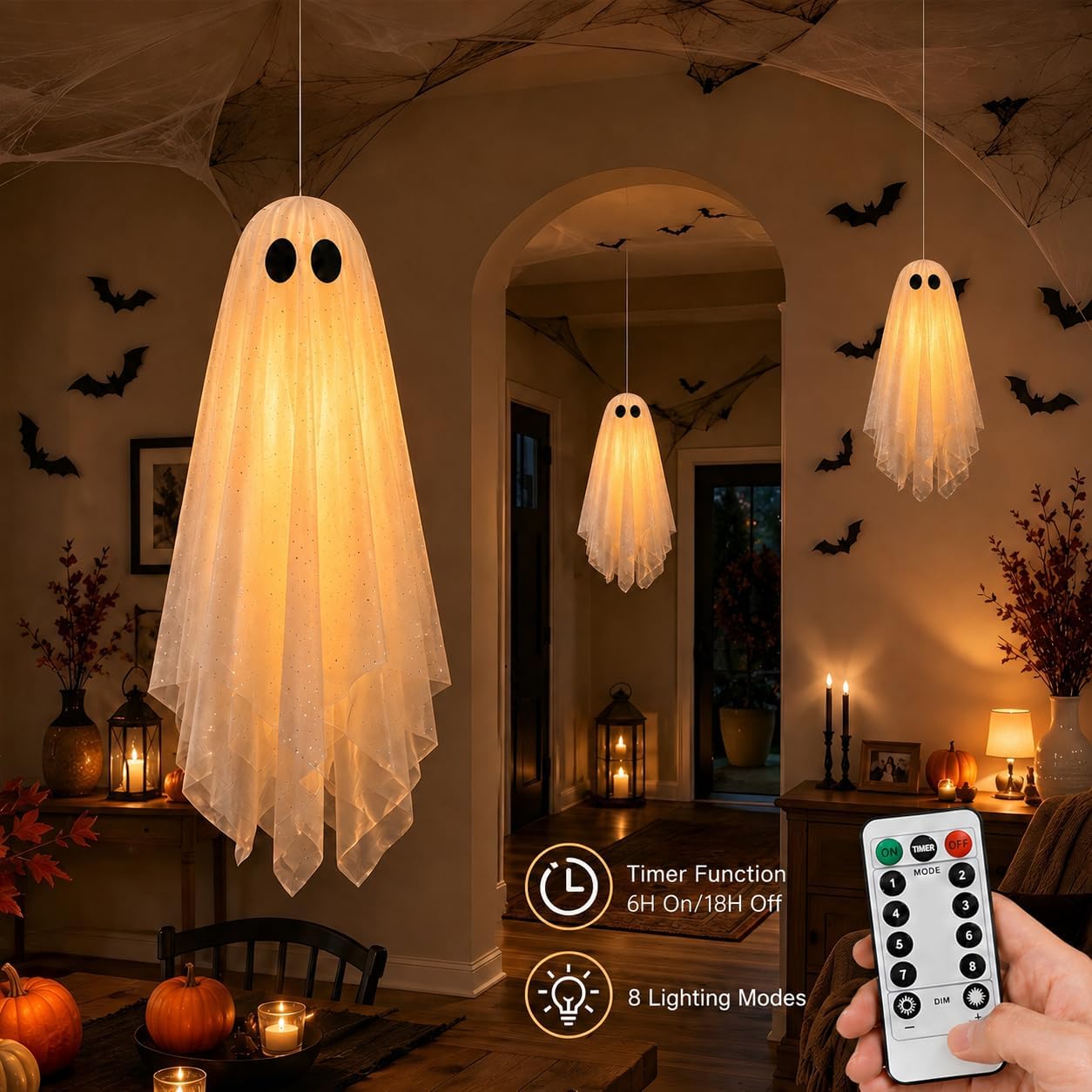 3 Pack Pre-Assembled Hanging Ghosts Halloween Decorations with Warm Glow,Ghost Decor with Remote Timer & Upgraded Double-Layer Sheet, Swinging Ghost for Indoor Outdoor Tree Porch Yard Garden Party