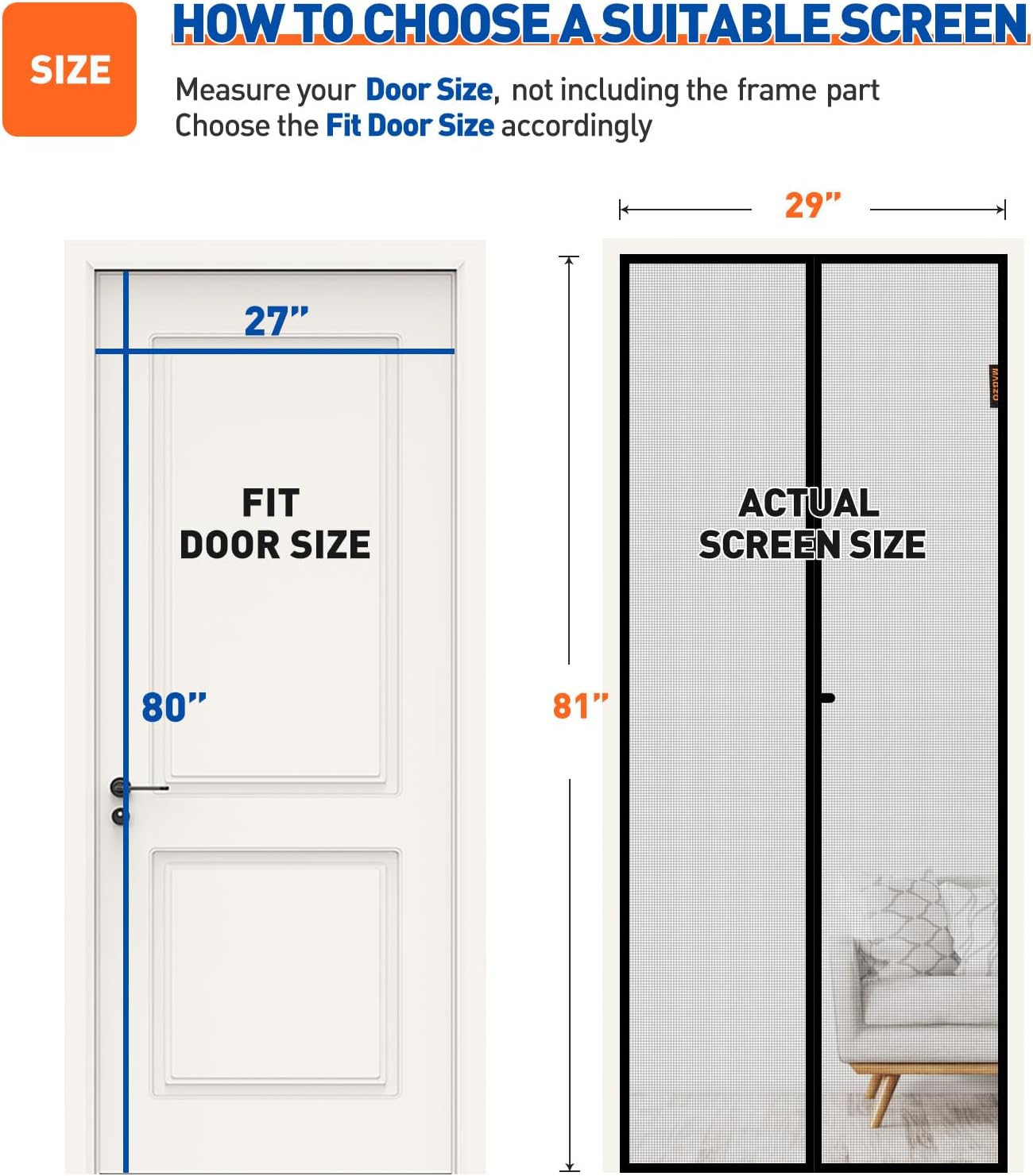 MAGZO Magnetic Screen Door Fits Door Size 27"x80", Hands-Free Mesh Gray