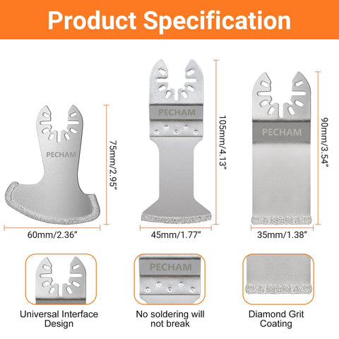 PECHAM 9PCS Diamond Oscillating Tool Blade, Multi Tool Blades Kits for Grout Removal and Soft Tile Cut, Fit Porter Cable Black & Decker Rockwell Ridgid Ryobi Milwaukee Chicago