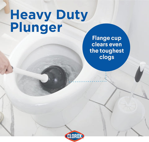 Clorox Toilet Plunger and Bowl Brush Combo Set with Caddy, 6.75" x 7" x 19.5", White/Gray, Pack of 2 - Plunger and Toilet Bowl Brush, Heavy Duty Plunger, Toilet Cleaning Brush, Freestanding Caddy