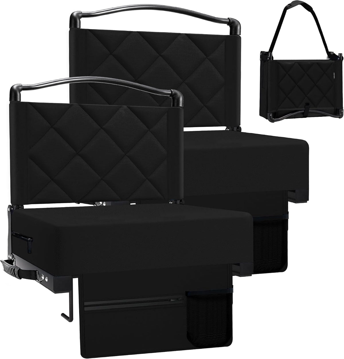 Stadium Seats with Back Support and Cushion Thick Padded Bleacher Chairs with Shoulder Strap, Portable Folding Stadium Seat Chairs for Bleachers Include Cup Holder and Side Pocket (Blcak, 2pcs)