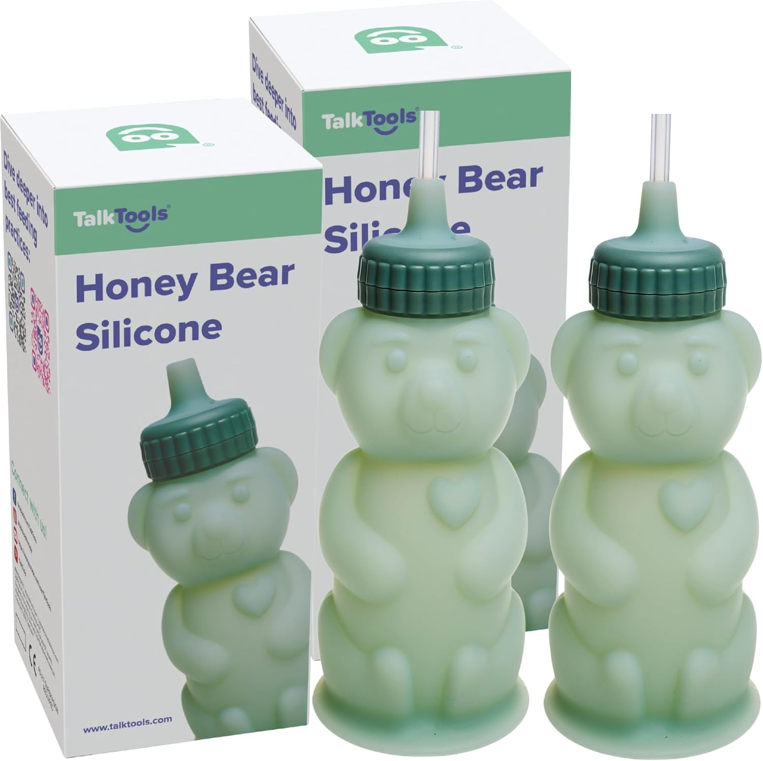 TalkTools Honey Bear Silicone Straw Cup, Dishwasher Safe Baby Drinking Bottle, Premium Food-Grade Material, Honeybear Sippy Cup for Ages 4+ Months, Kids and Toddlers (Pack of 2-8oz) (Green)