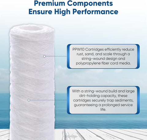 PUREPLUS 50 Micron 10"x2.5" Whole House String Wound Sediment Filter 4 Pack