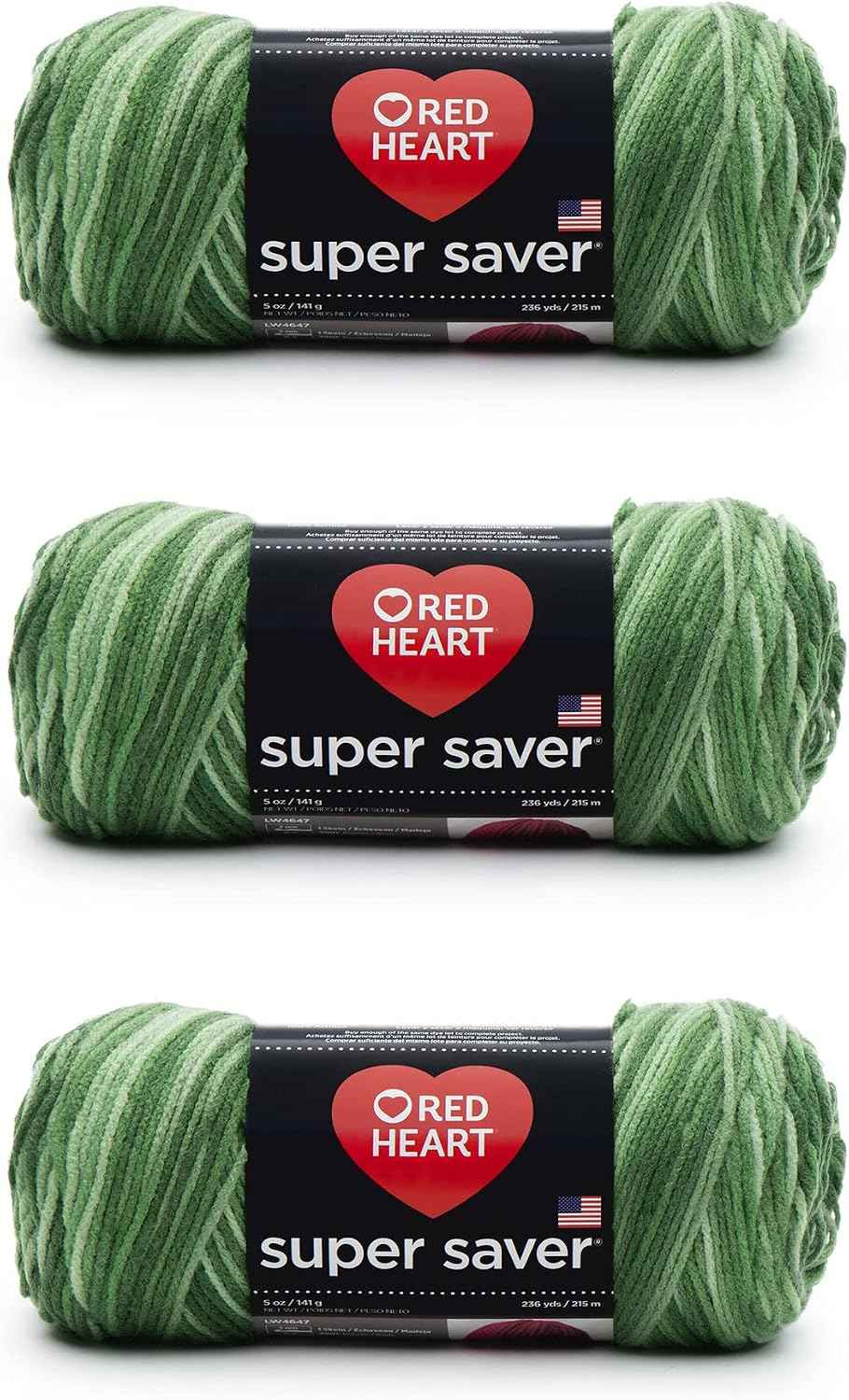 Red Heart Super Saver Yarn, 3 Pack, Green Tones 3 Count