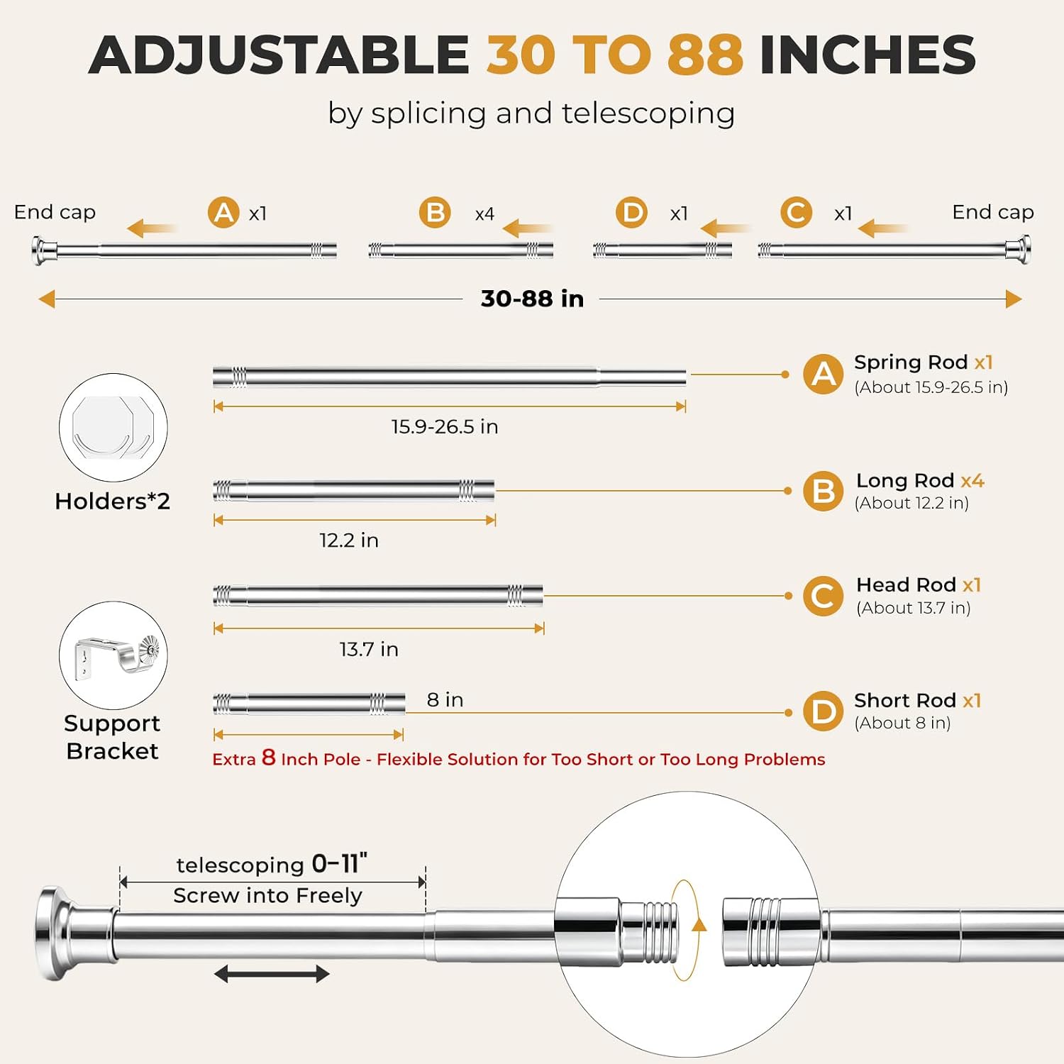 Silver Long Curtain RodTension Shower Curtain Rods 30 to 90 inch Adjustable Spring Heavy Duty Rods for Bathroom Windows Outdoor No Drill No Slip Stainless Steel