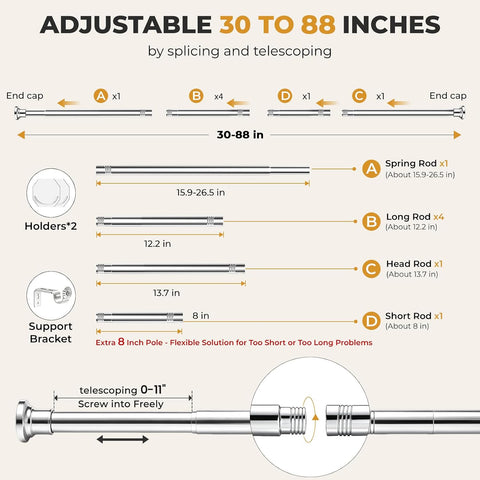 Silver Long Curtain RodTension Shower Curtain Rods 30 to 90 inch Adjustable Spring Heavy Duty Rods for Bathroom Windows Outdoor No Drill No Slip Stainless Steel
