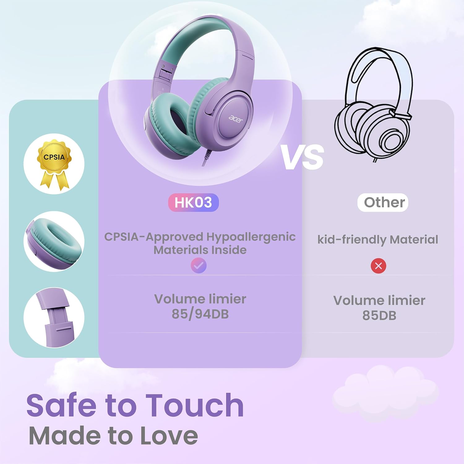 Acer Kids Headphones for School, 85-94dB Limiter, 3.5mm Jack, w/Mic HK03