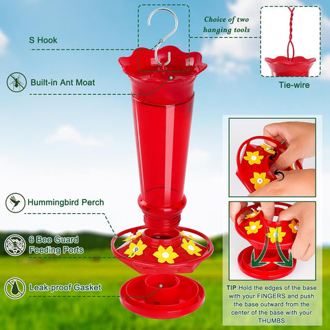 Gbekery 10 OZ Glass Hummingbird Feeders for Outdoors Hanging - Red 2 Pack, Ant & Bee Proof and 6 Feeding Ports, Garden Yard Décor Gifts for Mom