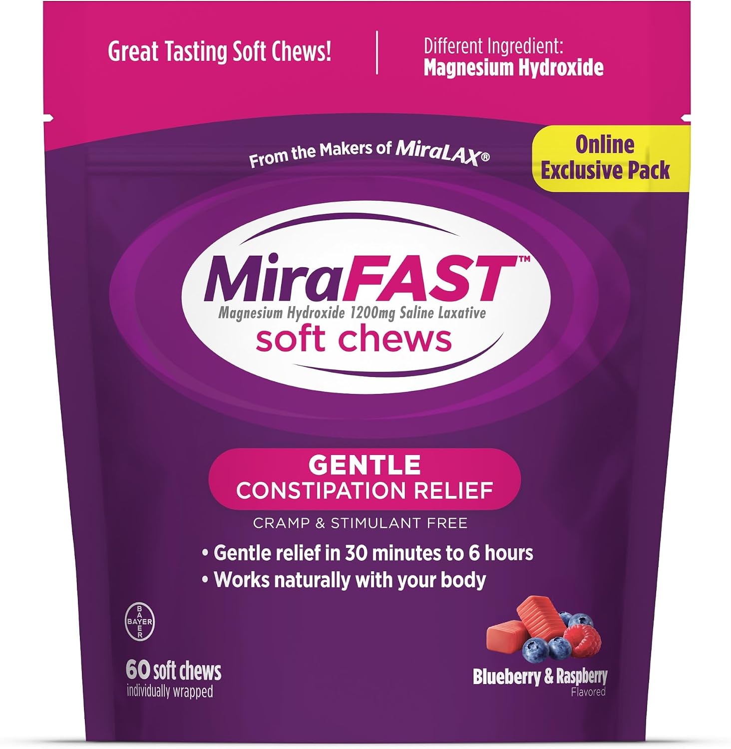 MiraFAST Soft Chews, from the Makers of MiraLAX, Gentle Constipation Relief, Fast Acting, Stimulant Free Saline Laxative, Magnesium Hydroxide, Blueberry & Raspberry Flavor, 60ct