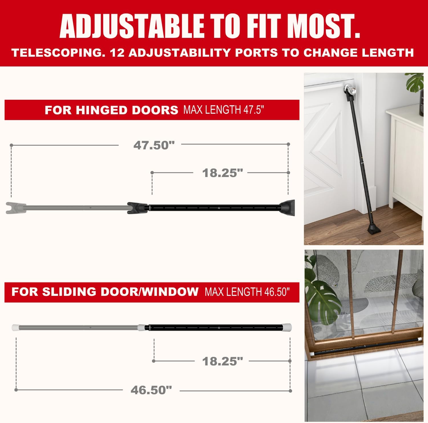 Securityman 2-in-1 Door Security Bar & Sliding Patio Door Security Bar - Constructed of High Grade Iron - Black