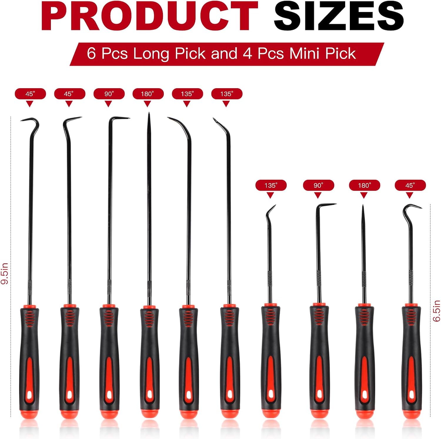 Rindion 10PCS Pick Set Mechanic, Hook and Pick Tool Set with Non-Slip Grip, Long & Mini Automotive Pick Set for O-Ring, Seal & Gasket Removal, Car Repair, Mechanical and DIY Use(Red)