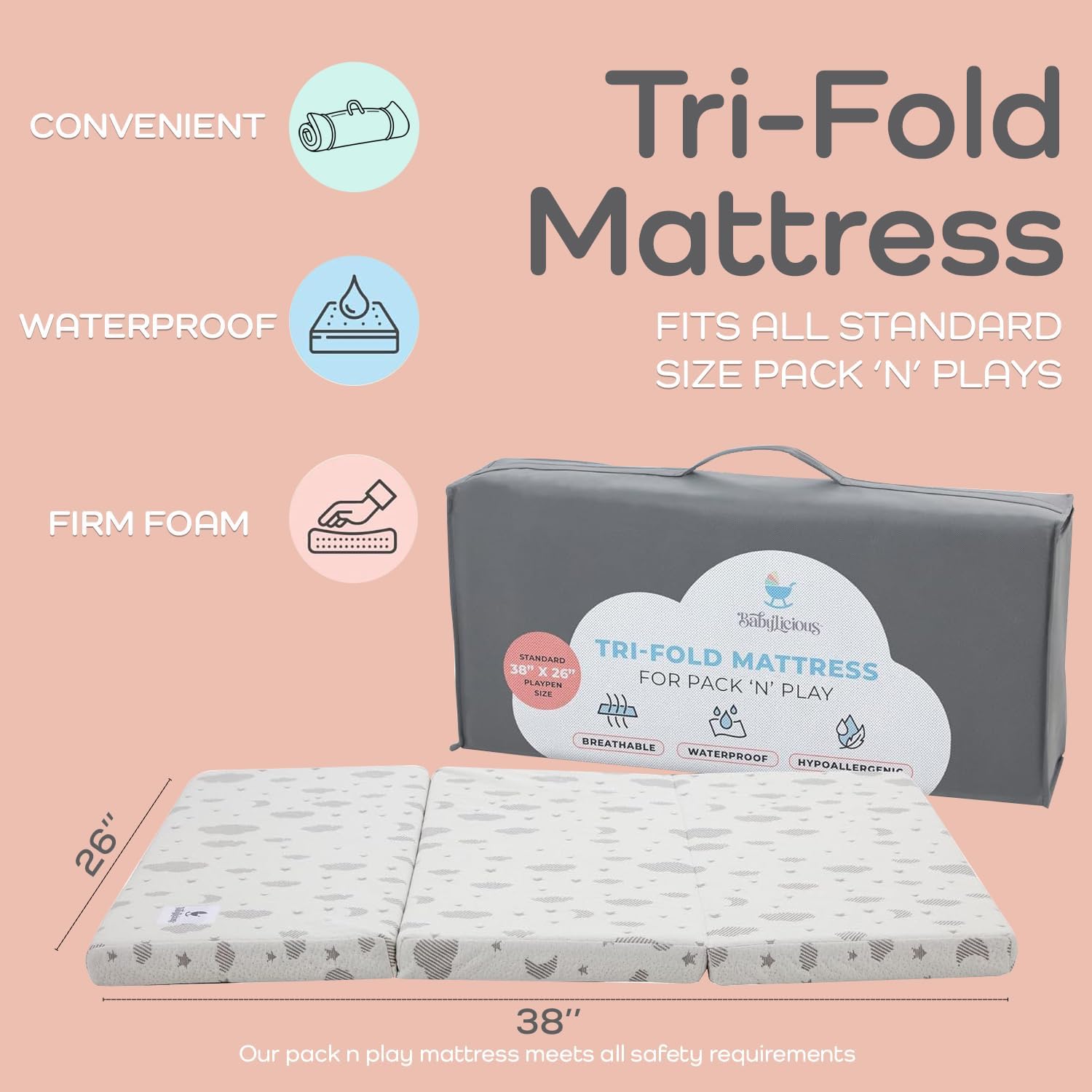 Pack and Play Mattress Topper | 38" x 26" Trifold Soft Foam