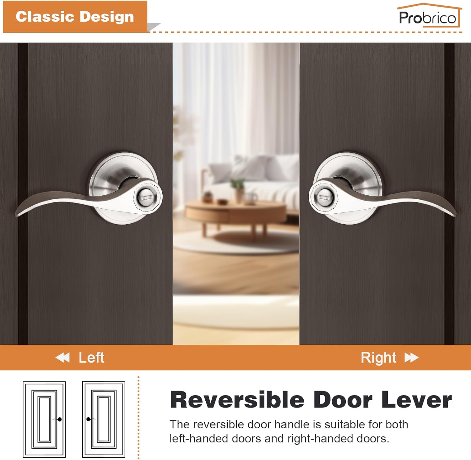 Probrico Privacy Door Levers Interior Door Handles Levers, Satin Nickel Door Lever for Bedroom Bathroom Wave Style Door Lever Left Right Handed Door Handles, 10 Pack