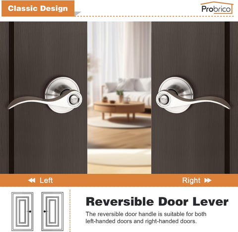 Probrico Privacy Door Levers Interior Door Handles Levers, Satin Nickel Door Lever for Bedroom Bathroom Wave Style Door Lever Left Right Handed Door Handles, 10 Pack