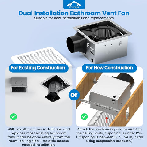 Tech Drive Bathroom Fan with Humidity Sensor,110 CFM,4 Inch Duct