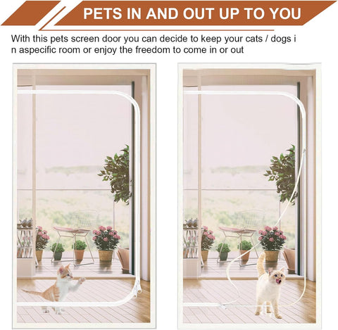 Upgraded Reinforced Pet Screen Door Thickened Cat Resistant Mesh Screen Door for Living Room, Bedroom, Patio, Dog Cat Scratch Proof Screen with Zipper Closure (Fits Door Size up to 32''x 80'', White)