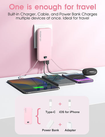 citicr Portable Charger 10000mAh PD20W w/Built-in Cables & Wall Plug Pink