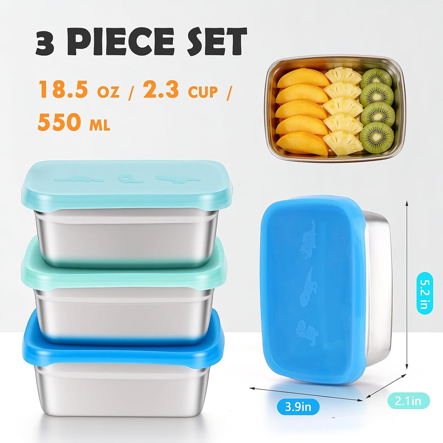 Tanjiae 3-Pack Stainless Steel Snack Containers for Kids & Toddlers - 550ml (18oz) Leakproof Colorful Lids with Cute Dinosaurs | LFGB Certified, Stackable Metal Lunch Box for Daycare, School, Travel