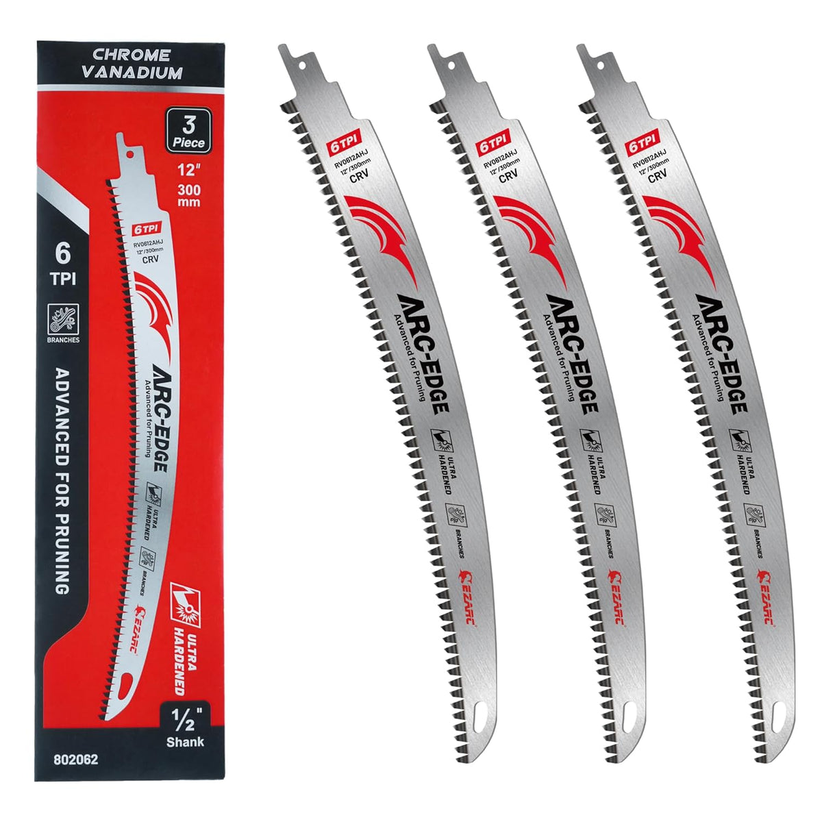EZARC Arc Edge Reciprocating Saw Blades, 12-Inch 6TPI for Pruning, 3-Pack