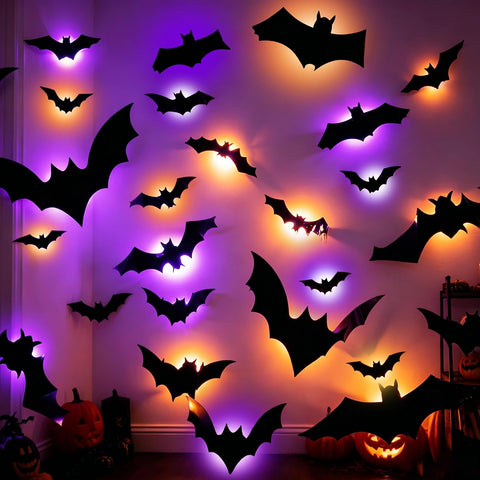 Dazzle Bright 100 PCS Halloween Bats Stickers with 60 Purple and Orange Lights, Lighted 3D Bat Wall Stickers, Halloween Decorations for Indoor Home Garage Window Decor Party Supplies