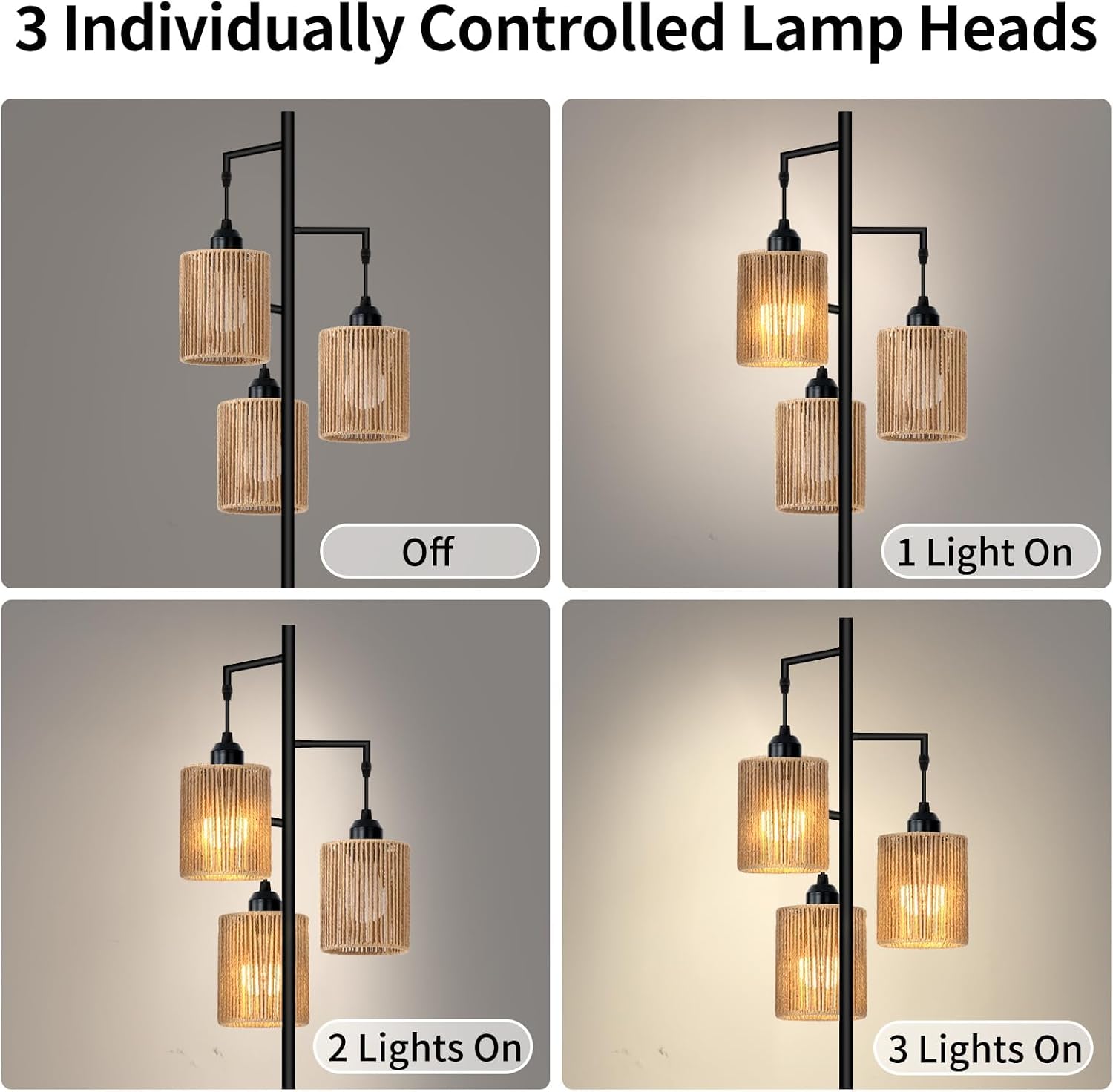 Hotsonic 72" Remote Boho Rattan Tree Floor Lamp, Tall Dimmable Industrial Standing Lamp for Living Room Bedroom, 1H Timer, 3 Individually Controlled Heads, 2 Height Options, 3 LED Bulbs Included-Black