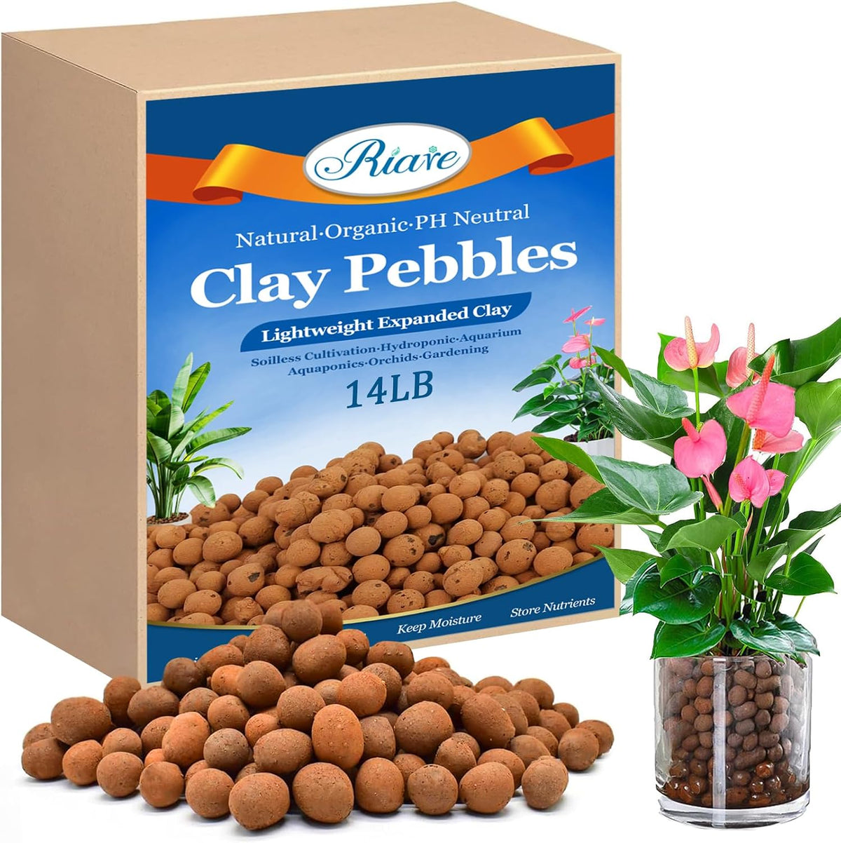 Riare 14LB Organic Leca Clay Pebbles for Plants, 4-16mm Drainage Leca Balls