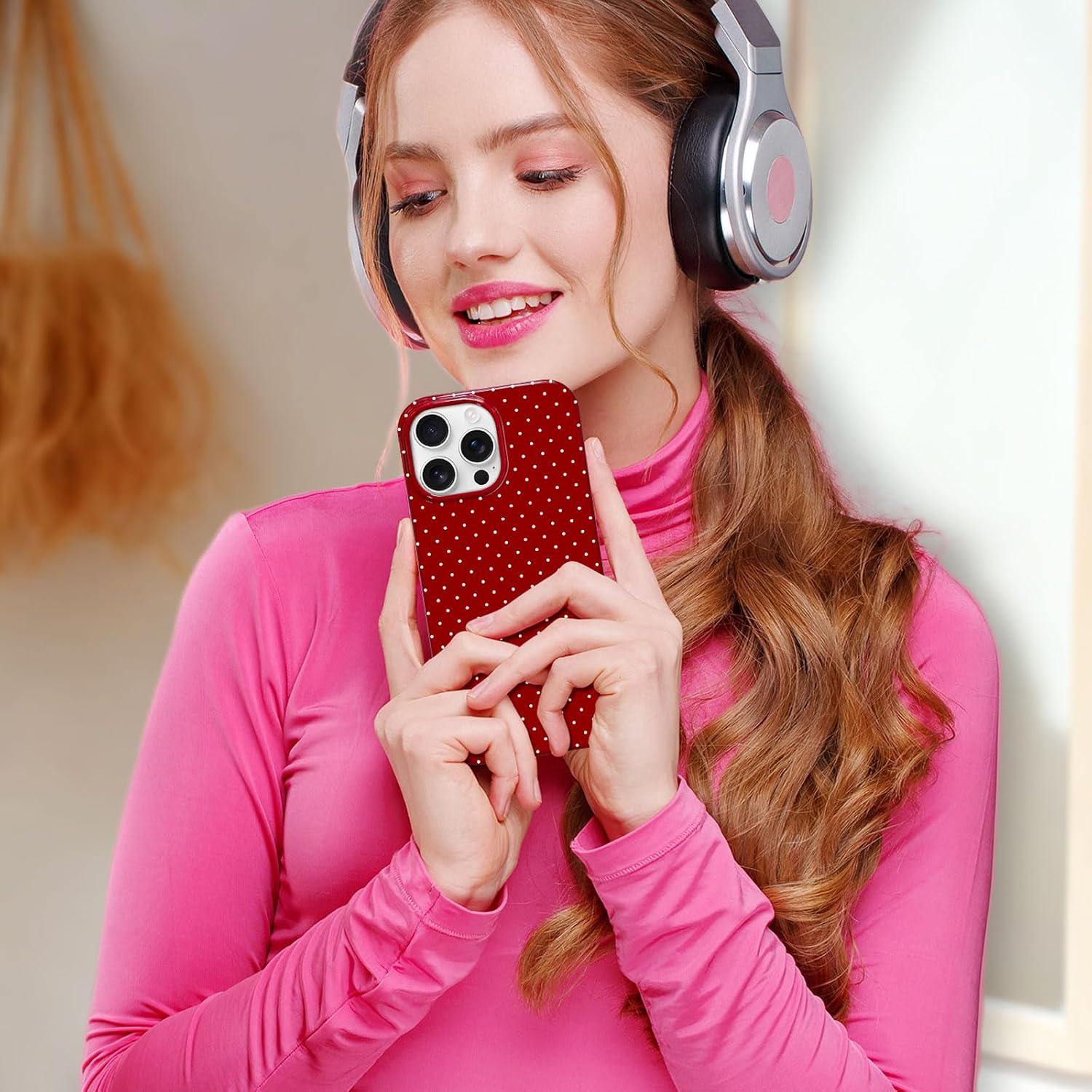 Hython for iPhone 14 Pro Max Case Cute Polka Dot Aesthetic Design Simple Cover 6.7", Thin Slim Anti-Scratch Soft TPU Bumper Shockproof Rubber Protective Phone Cases for Women Girls Girly Boys, Red
