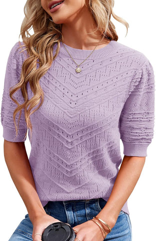 Womens Puff Short Sleeve Sweater Summer Crew Neck Ribbed Knit Pullover Tops