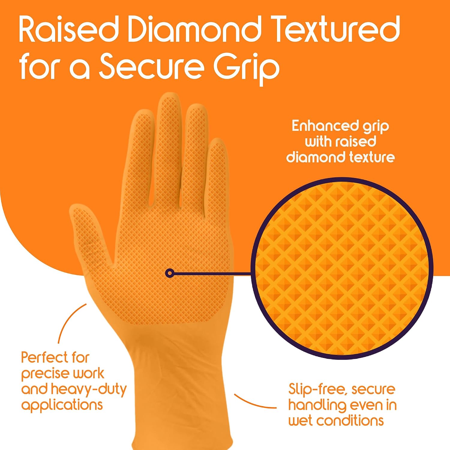 Inspire Heavy Duty Orange Nitrile Gloves | ULTRA 8 Mil Diamond Textured Grip | Industrial Mechanic Disposable Cleaning Gloves