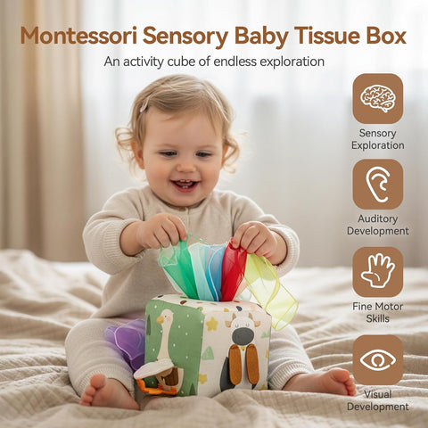 Youuys Baby Tissue Box Toy for Babies 6-12 Months, Montessori Sensory Toys for 1 Year Old Boy, Infant Toy with Crinkle Tissues & Fine Motor, for 6 9 12 18 Months Old Kids 1st Birthday
