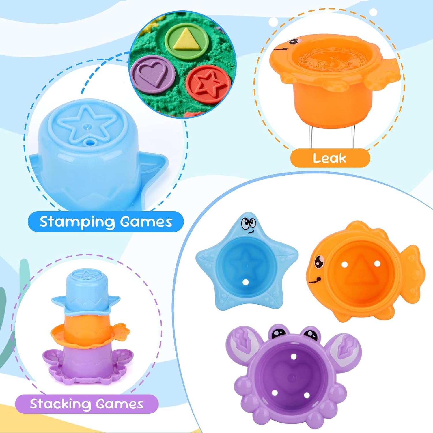 Fajiabao Toddler Bath Toys for Kids Ages 1-3 Stack, Scoop & Pour Set 9PCS