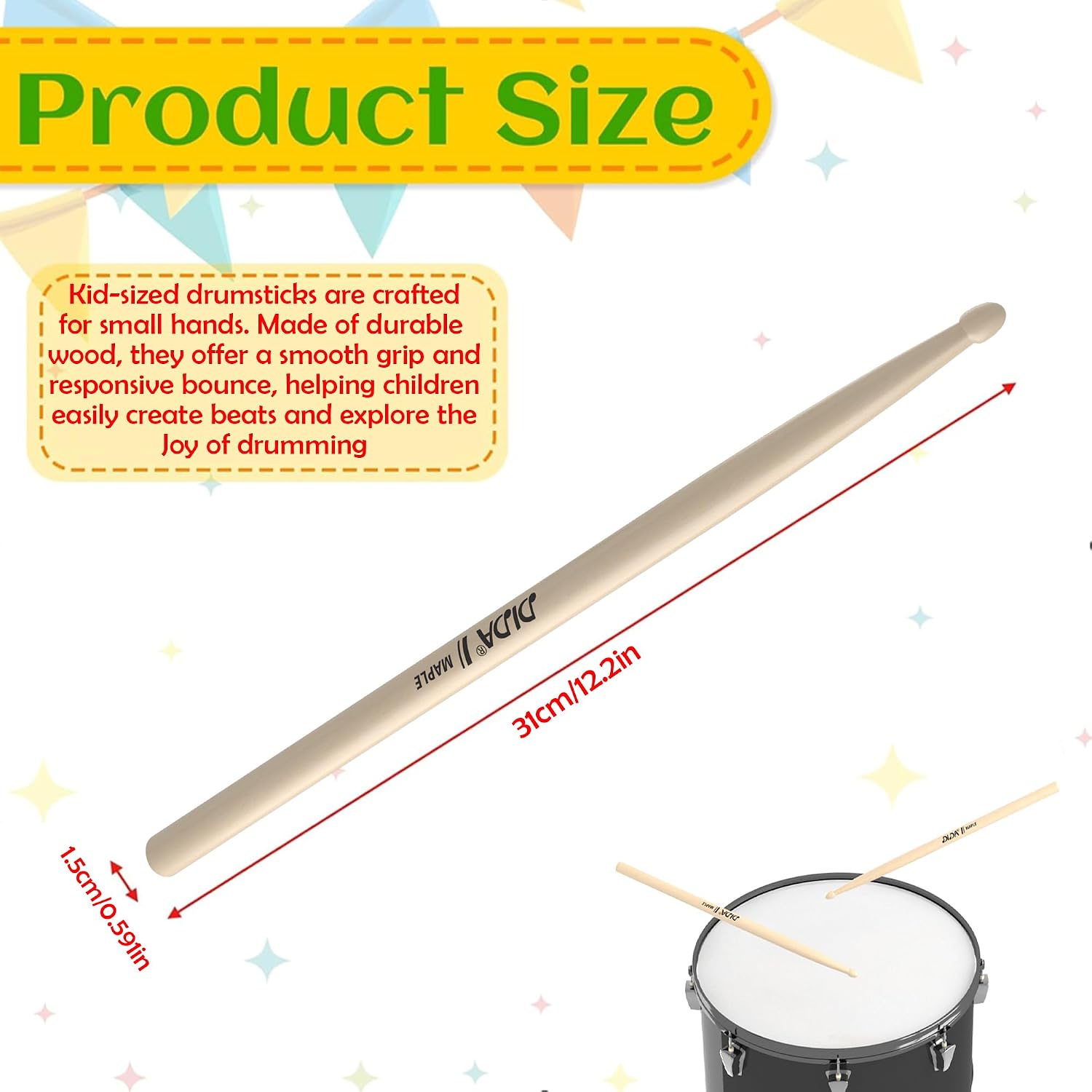Drumsticks for Kids, 12 inch Maple Wood Drum sticks, Musical Instrument Percussion Accessories, Drumsticks for Student, Beginners (Maple, 4 Pairs)