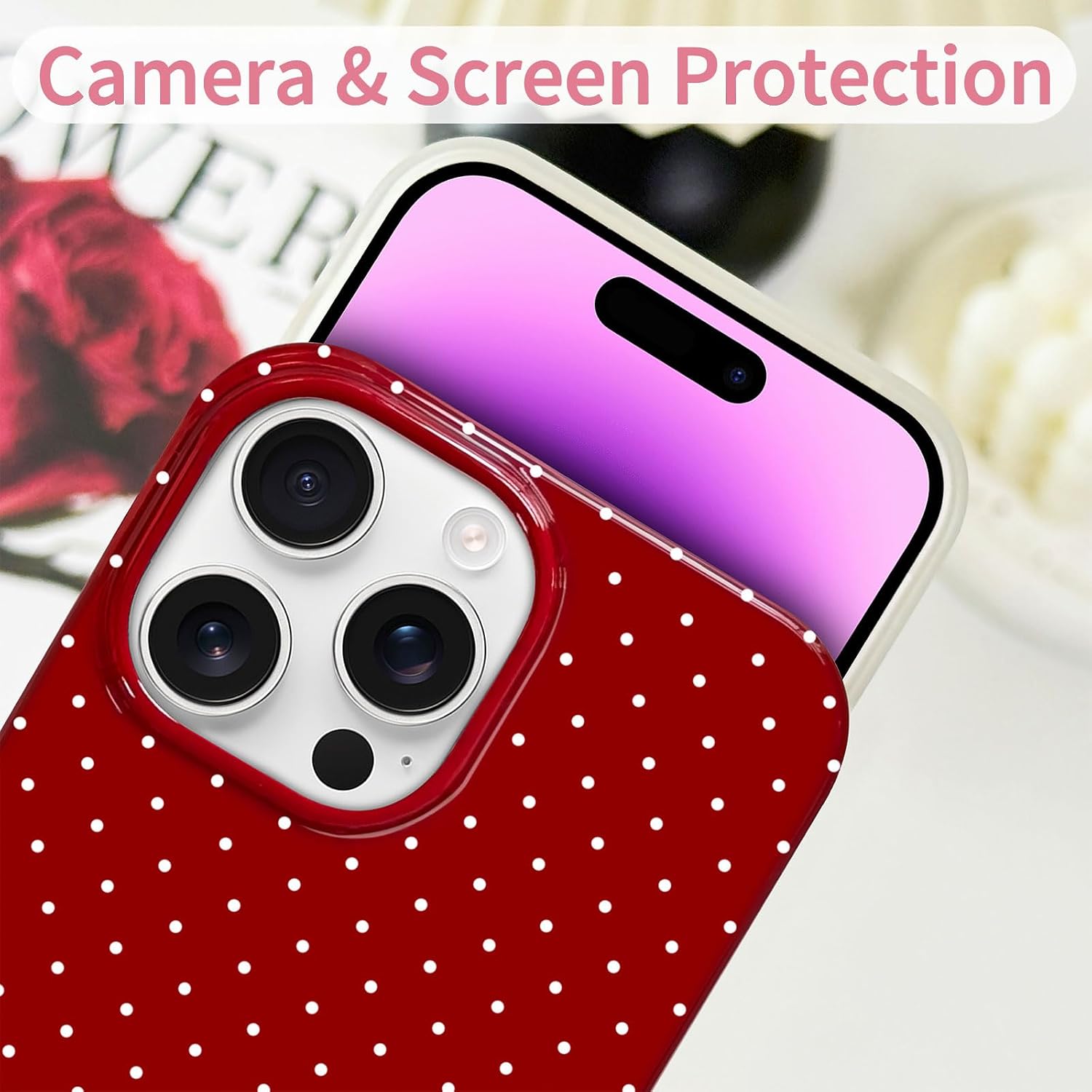 Hython for iPhone 14 Pro Max Case Cute Polka Dot Aesthetic Design Simple Cover 6.7", Thin Slim Anti-Scratch Soft TPU Bumper Shockproof Rubber Protective Phone Cases for Women Girls Girly Boys, Red