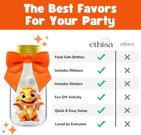 Ethisa Small 12 Pack Baby Dragon Party Favors - Candy Jars with Ribbons and Stickers - DIY Party Decoration Bottle for Birthday and Baby Shower - Egg Container
