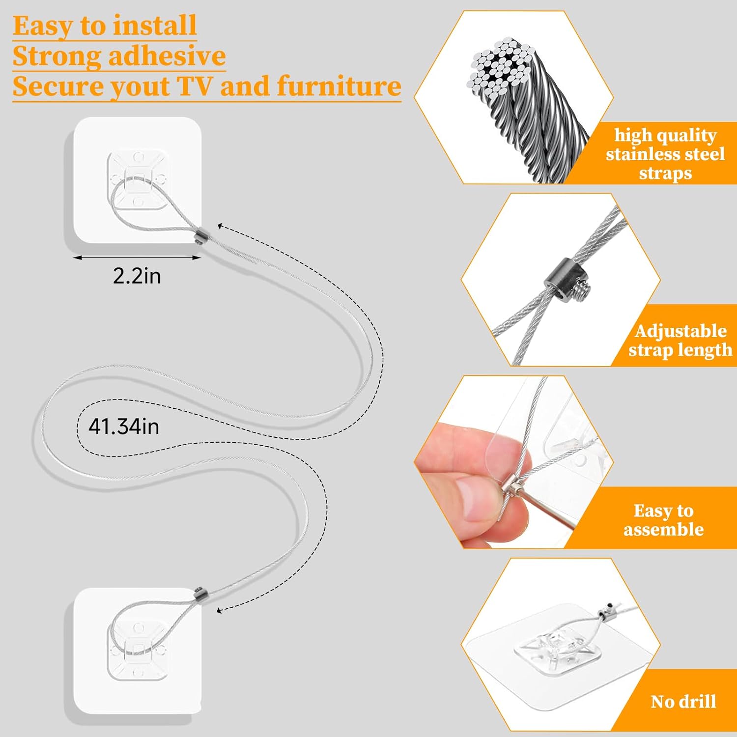 6 Pack Adjustable TV Safety Straps Stainless Steel, No-Drill Adhesive Anti-Tip Furniture Wall Anchors, Secure Flat Screens to TV Stand, Wall, Cabinet Or Desk