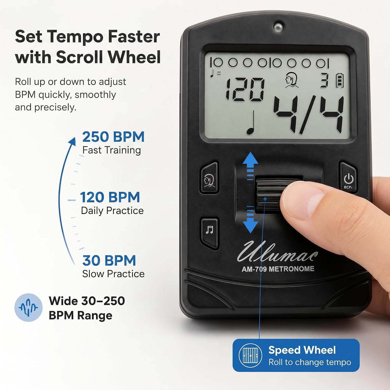 AM-709 Rechargeable Digital Metronome with Vocal Counting for Piano, Guitar, Drum, Violin and All Instruments