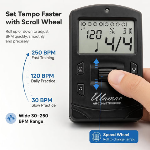 AM-709 Rechargeable Digital Metronome with Vocal Counting for Piano, Guitar, Drum, Violin and All Instruments