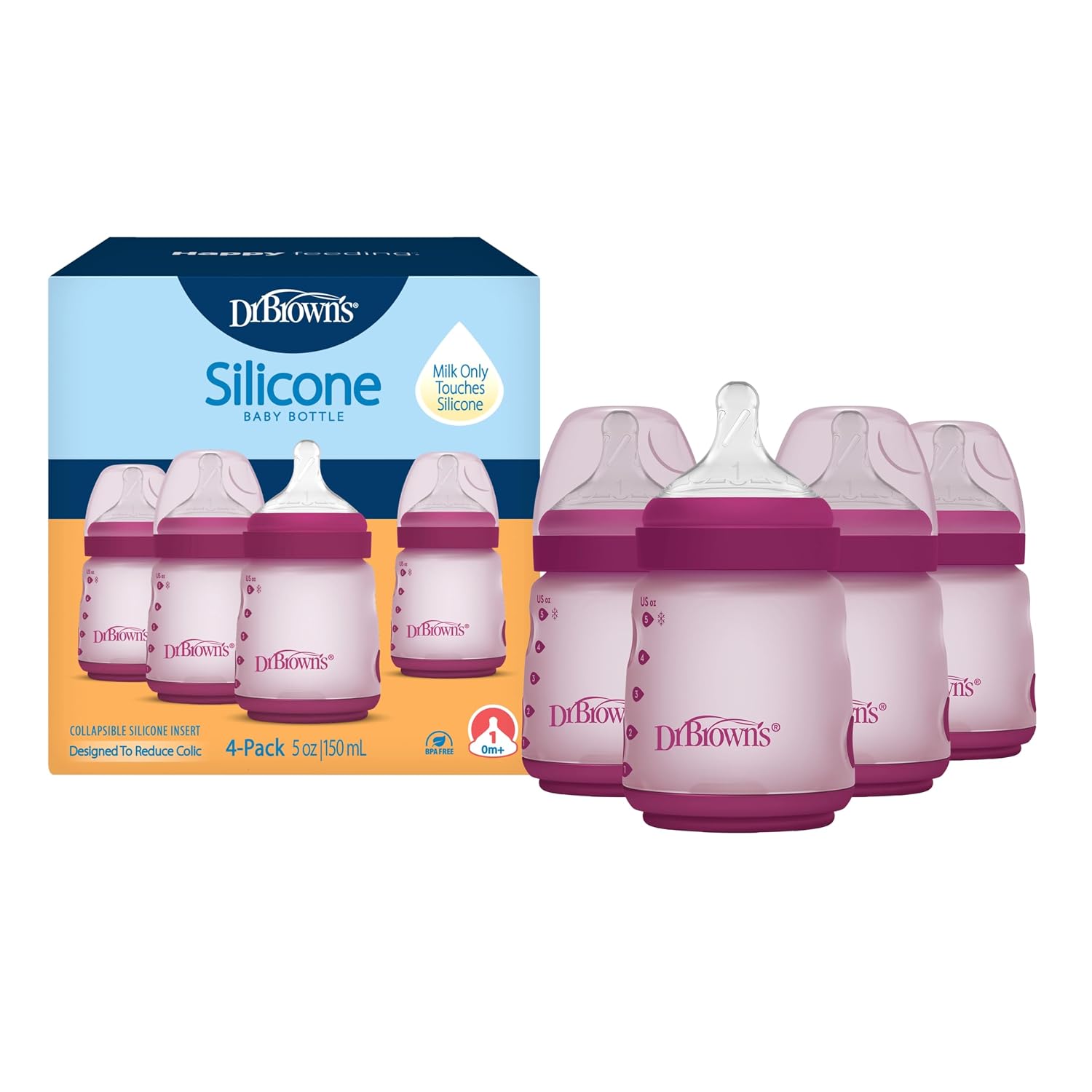 Dr. Brown's Silicone Baby Bottle, 5 oz, Level 1 Nipple, 0m+, Pink, 4-Pack