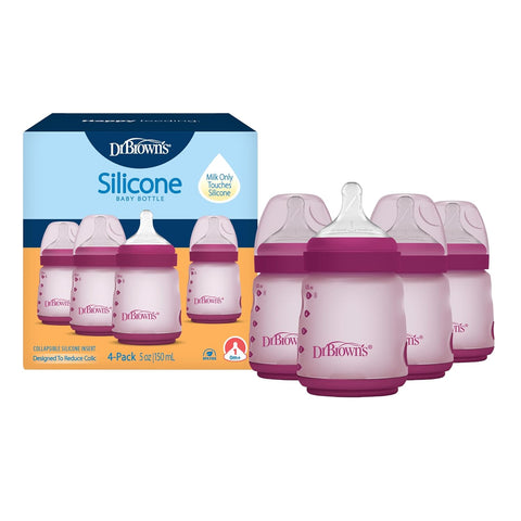 Dr. Brown's Silicone Baby Bottle, 5 oz, Level 1 Nipple, 0m+, Pink, 4-Pack
