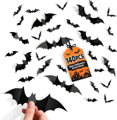 Cleangor 140 PCS Halloween Bat Decorations, 3D Wall Decor, 5 Sizes, Indoor