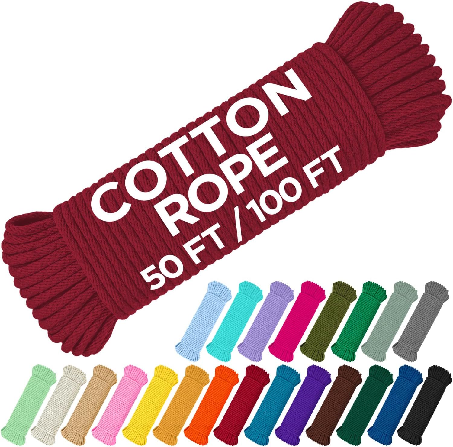 TECEUM Cotton Rope 3/16” (5 mm) – 100 FT – Strong All-Purpose Braided Rope – Natural Cotton – for Crafting, Сamping, Clothes Line, DIY, Indoor & Outdoor Use – Crimson