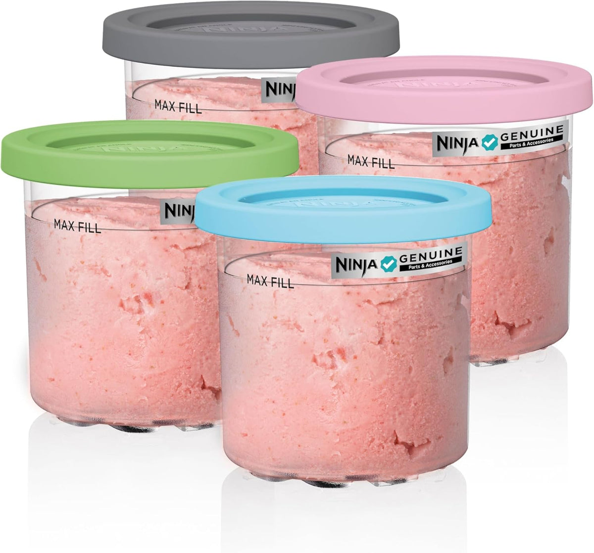 Ninja CREAMi Original Pints 4 Pack, Compatible with NC299AMZ and NC300s Series Ice Cream Makers, BPA-Free and Dishwasher Safe, Color Lids, 1 Pint Each, Clear, Grey, Lime, Pink, Aqua, XSKPLD4BCD